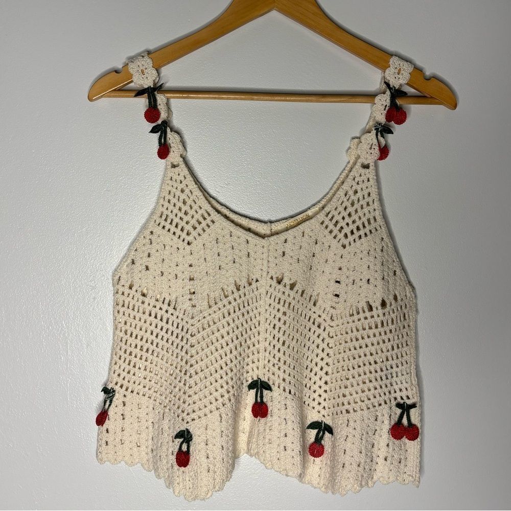 New Rebellion Cherry Embellished Crochet Top. Medium